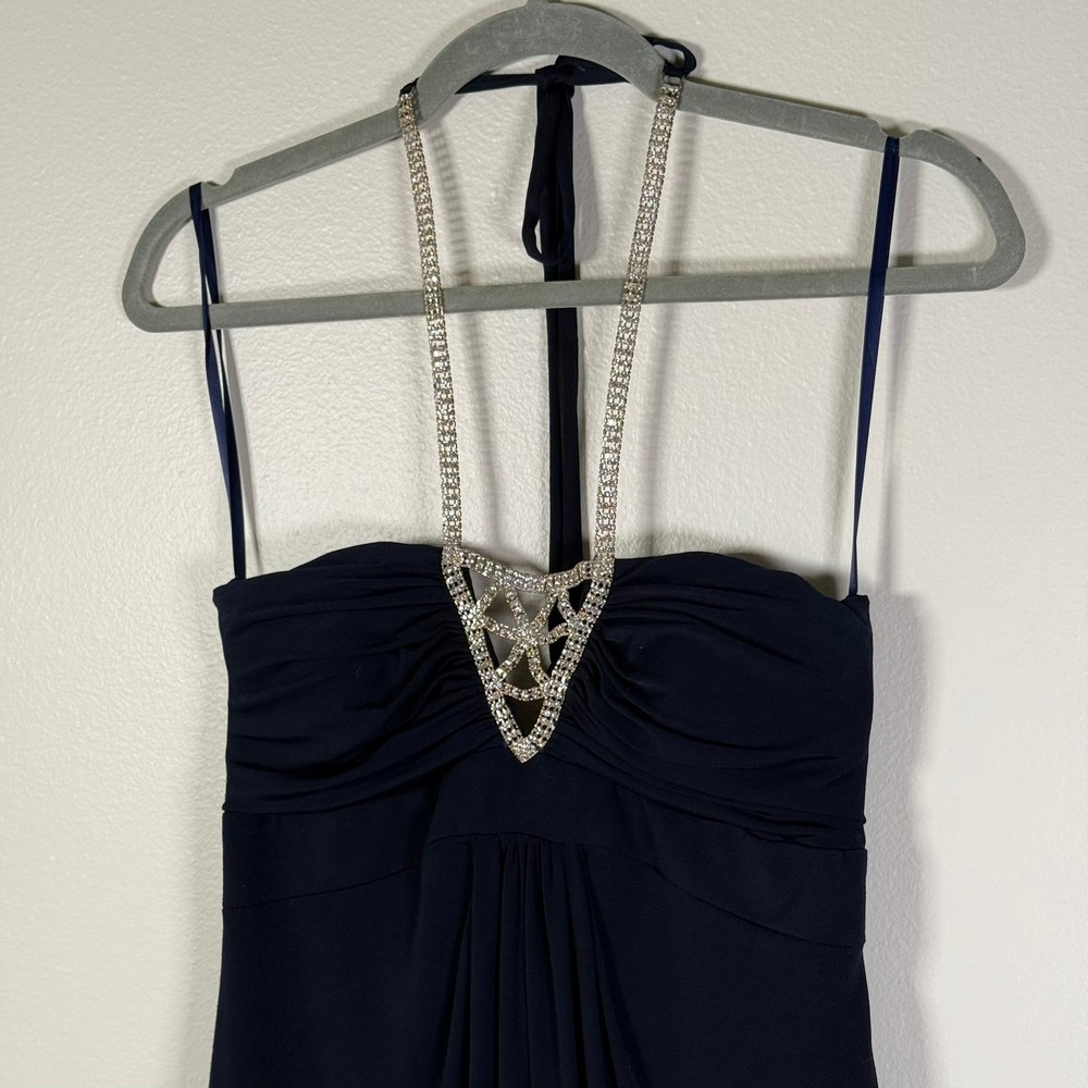 Cache Gown 6 Midnight Blue Rhinestone Halter Neck Formal Dress Maxi Made in USA - Picture 8 of 13